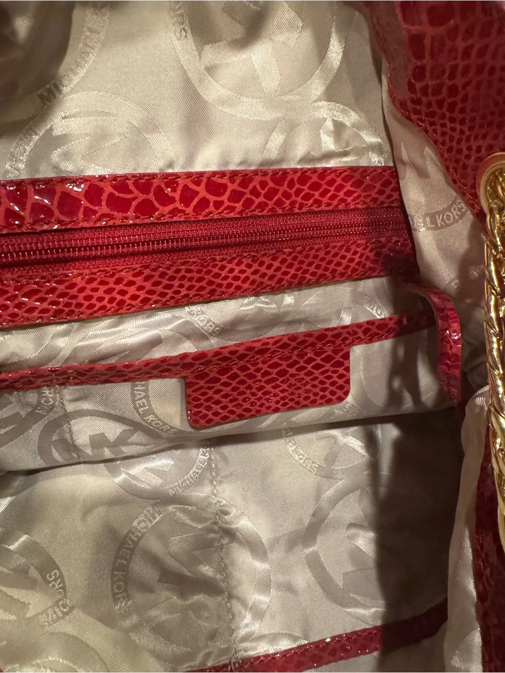 Michael Kors Red Snake-Embossed Shoulder Bag with Gold Chain Strap - Picture 6 of 6